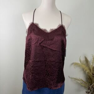 NWT Nine West Plum Leopard Satin Lace Trim Cami - Size Medium